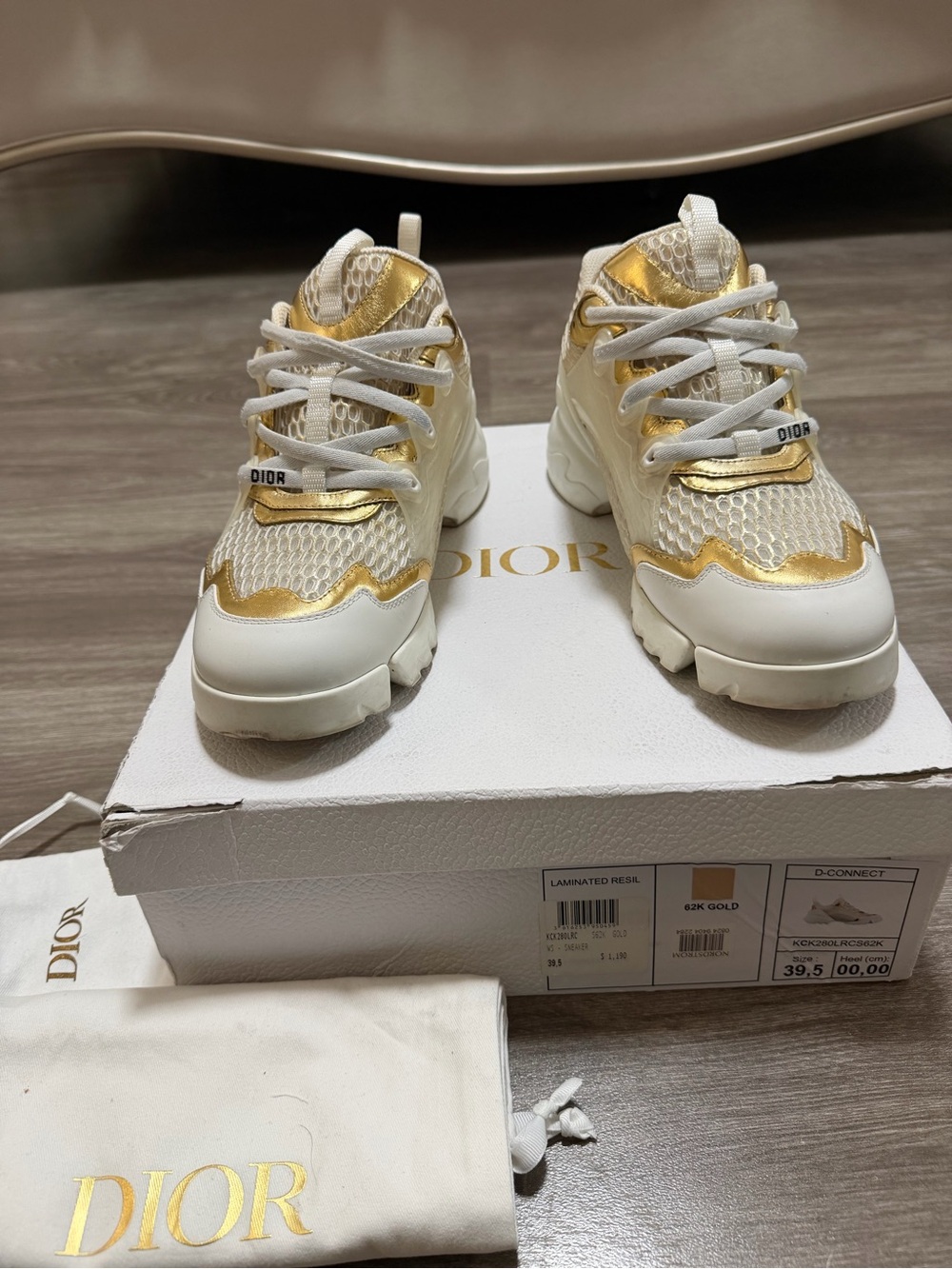 Dior White and Gold Mesh Trainer Sneakers